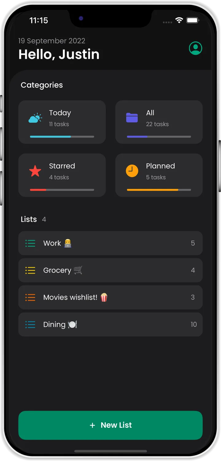 OneTick home screen with Today, All, Starred and Planned categories above lists for Work, Grocery, Movies and Dining