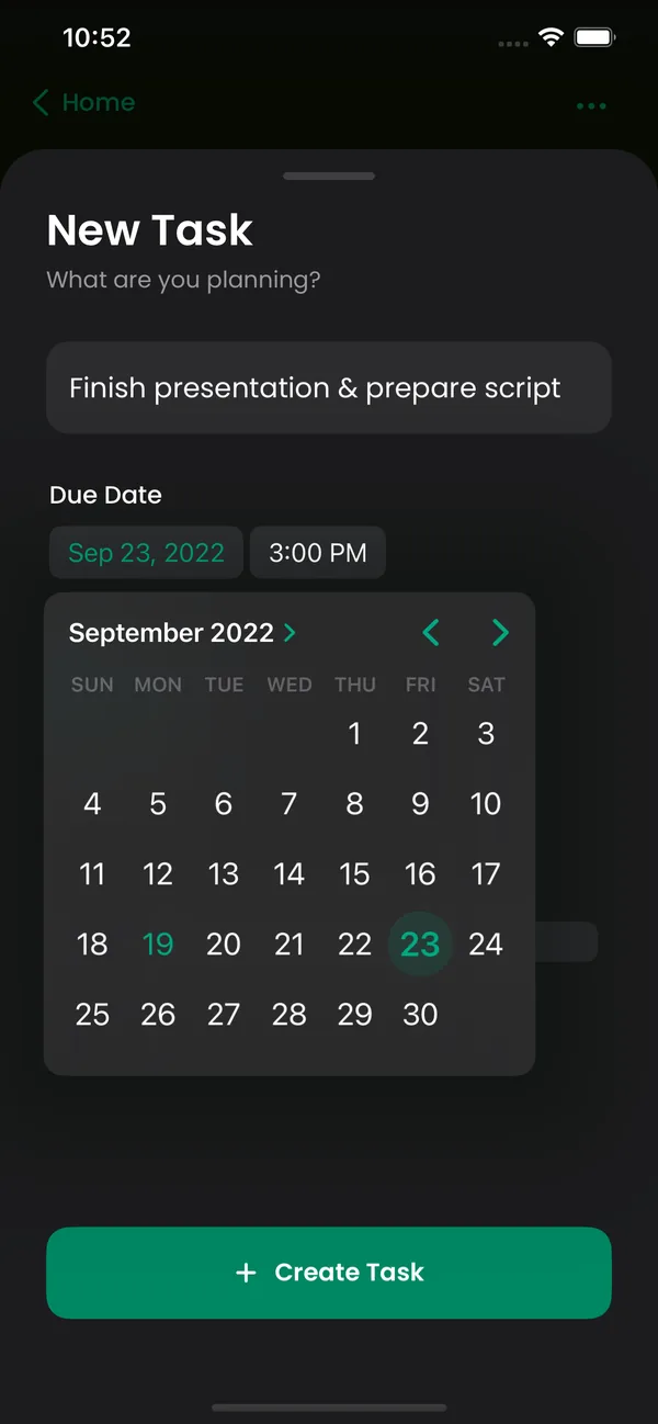 New task screen with a calendar for choosing the due date