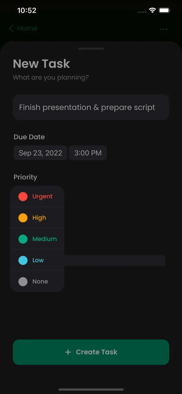 Priority picker with Urgent, High, Medium, Low and None